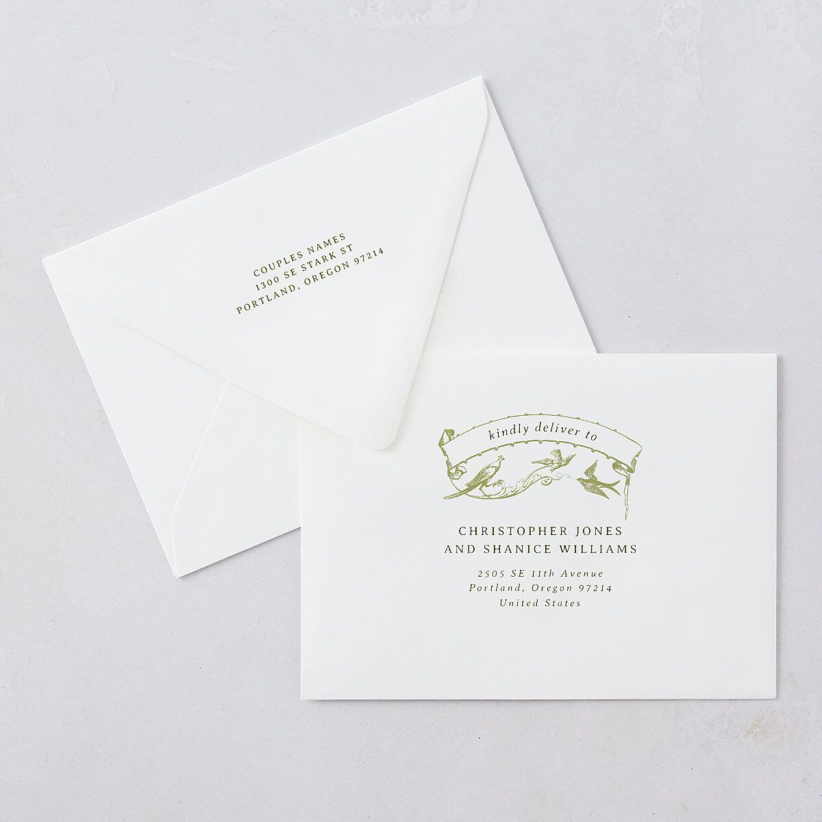 Vintage Toile Rehearsal Dinner Invitation Euro Envelopes White Dark Camo Both Recipient and Return Addresses Luxe Signature