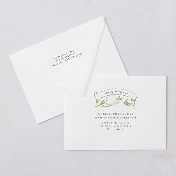 Vintage Toile Rehearsal Dinner Invitation Euro Envelopes White Dark Camo Both Recipient and Return Addresses Luxe Signature