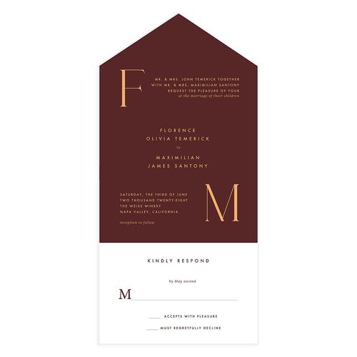 Modern Initials All-in-One Wedding Invitations Merlot Signature Light Both Recipient and Return Addresses No