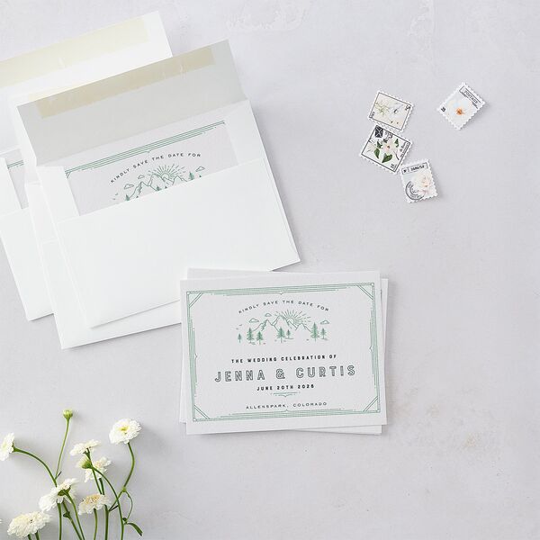 Iconic Mountain Save the Date Petite Cards Dark Green Signature smooth Blank No Standard