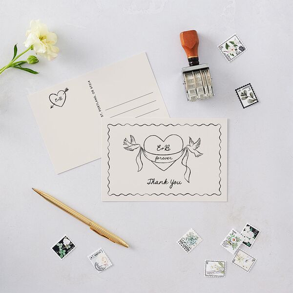 Vintage Lovebird Banner Thank You Postcards Linen