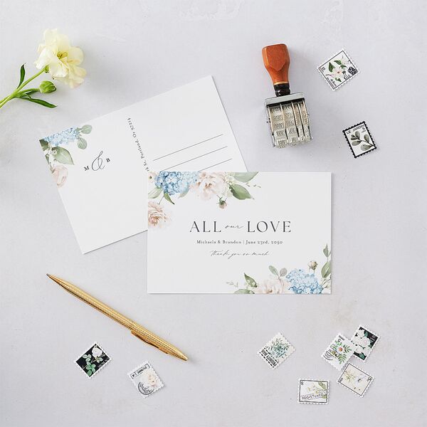 Elegant Peonies and Hydrangeas Thank You Postcards Baby Blue