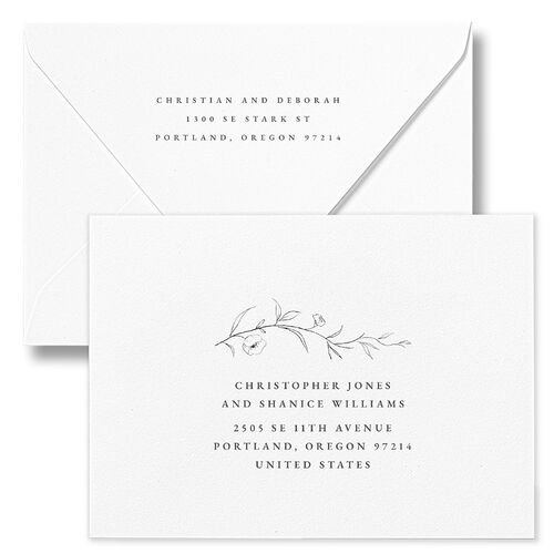 Graceful Botanical Rehearsal Dinner Invitation Euro Envelopes White Shadow Gray Both Recipient and Return Addresses Luxe Signature