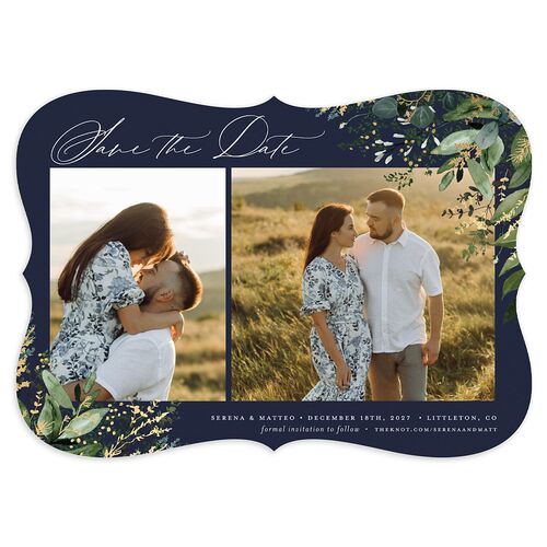 Shining Greenery Save the Date Cards Gold Navy Signature smooth Blank No Bracket