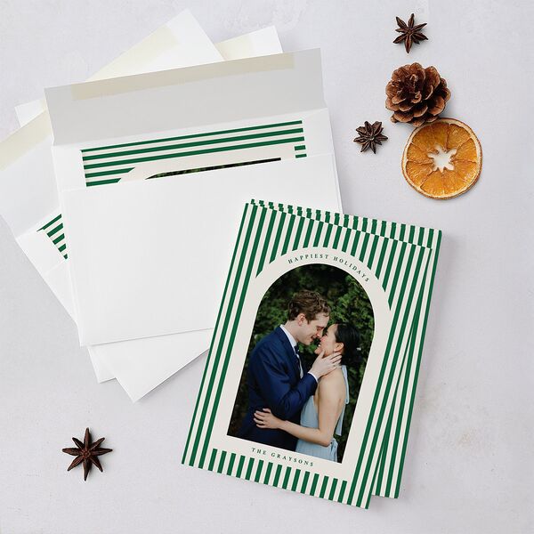 Classic Holiday Stripes Holiday Cards Jewel Green Signature Blank Portrait Standard