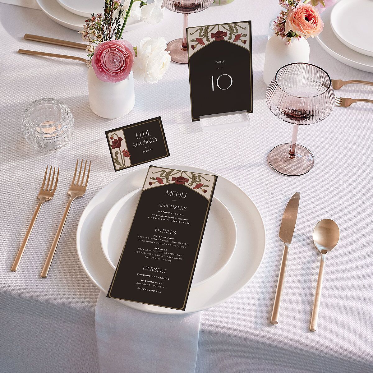 Vintage Nouveau Floral Menus Merlot Signature