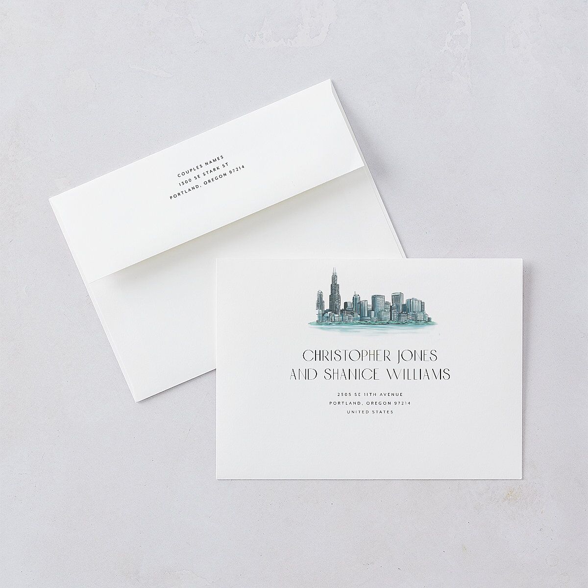 Watercolor Chicago Rehearsal Dinner Invitation Envelopes White Standard Regency Blue Both Recipient and Return Addresses Signature