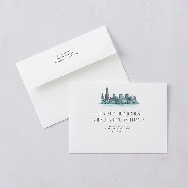 Watercolor Chicago Rehearsal Dinner Invitation Envelopes White Standard Regency Blue Both Recipient and Return Addresses Signature