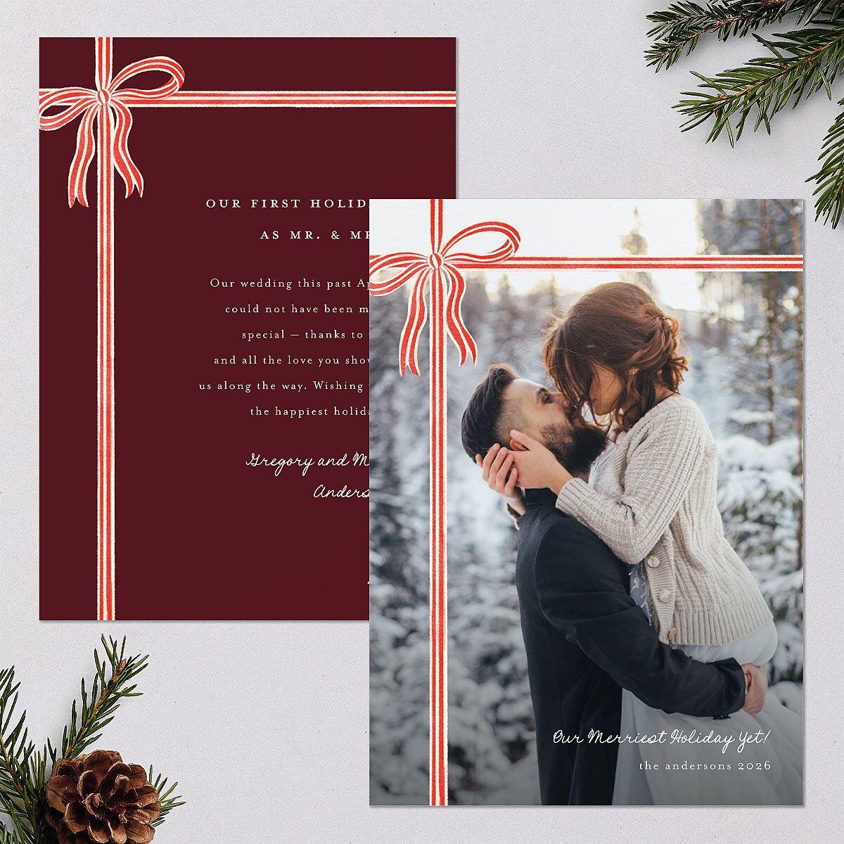 Striped Bow Photo Holiday Cards Ruby Signature Blank Standard Portrait