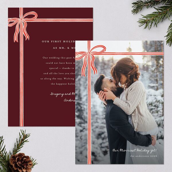 Striped Bow Photo Holiday Cards Ruby Signature Blank Standard Portrait