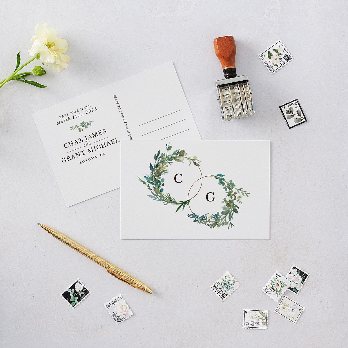 Leafy Hoops Save The Date Postcards — view 2
