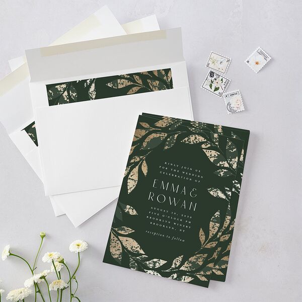 Gilded Leaves Wedding Invitations Gold Hunter Green Signature Blank No
