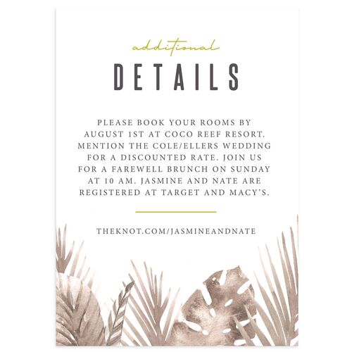 Tropical Leaves Wedding Event Detail Cards Fawn Signature
