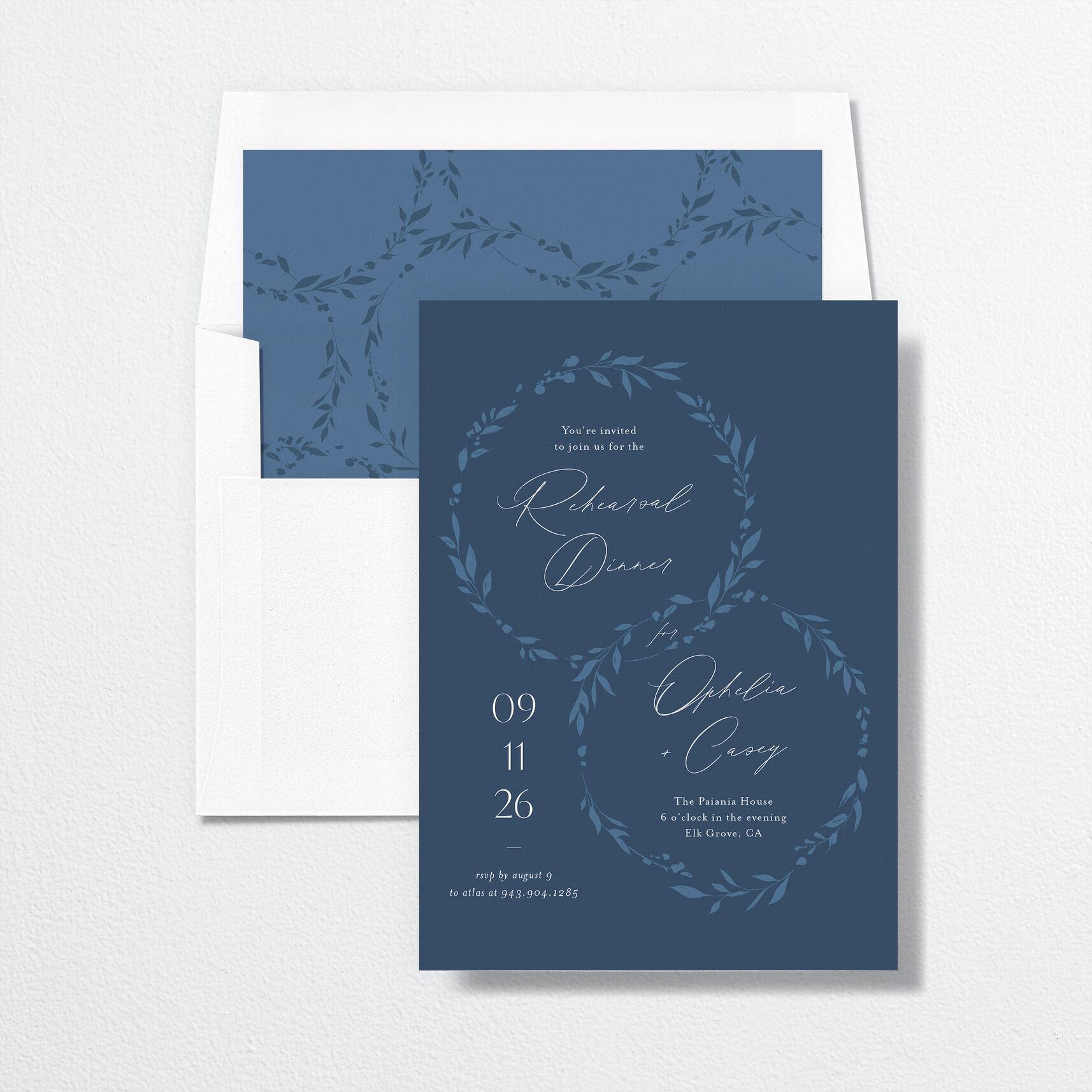 Stefana Crowns Rehearsal Dinner Invitations envelope-and-liner in blue