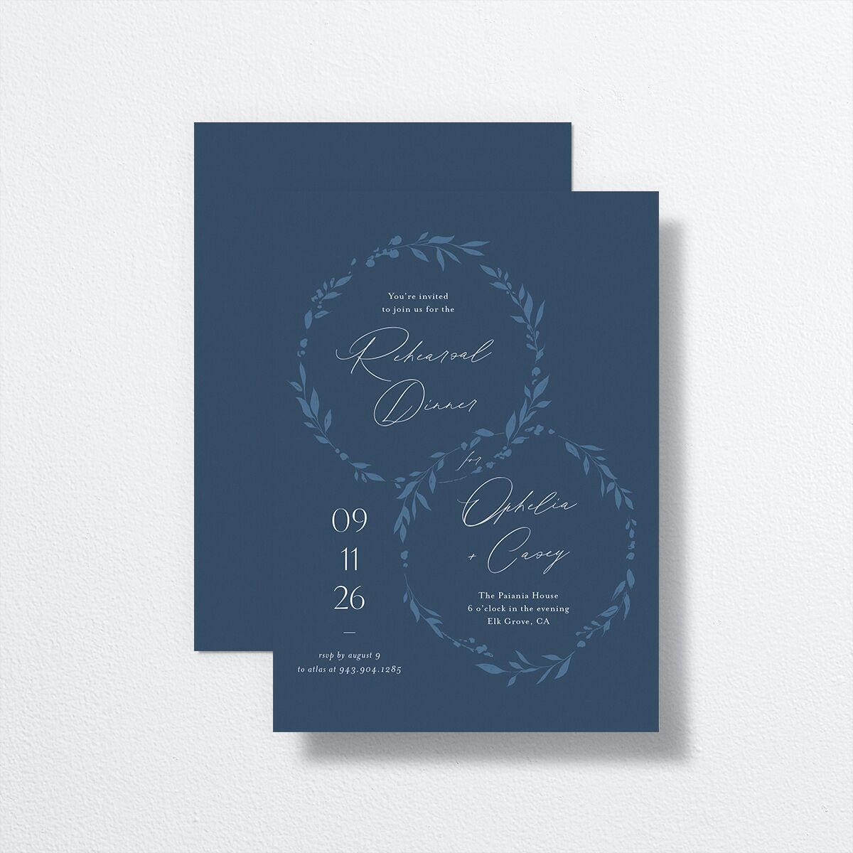 Stefana Crowns Rehearsal Dinner Invitations front-and-back in blue