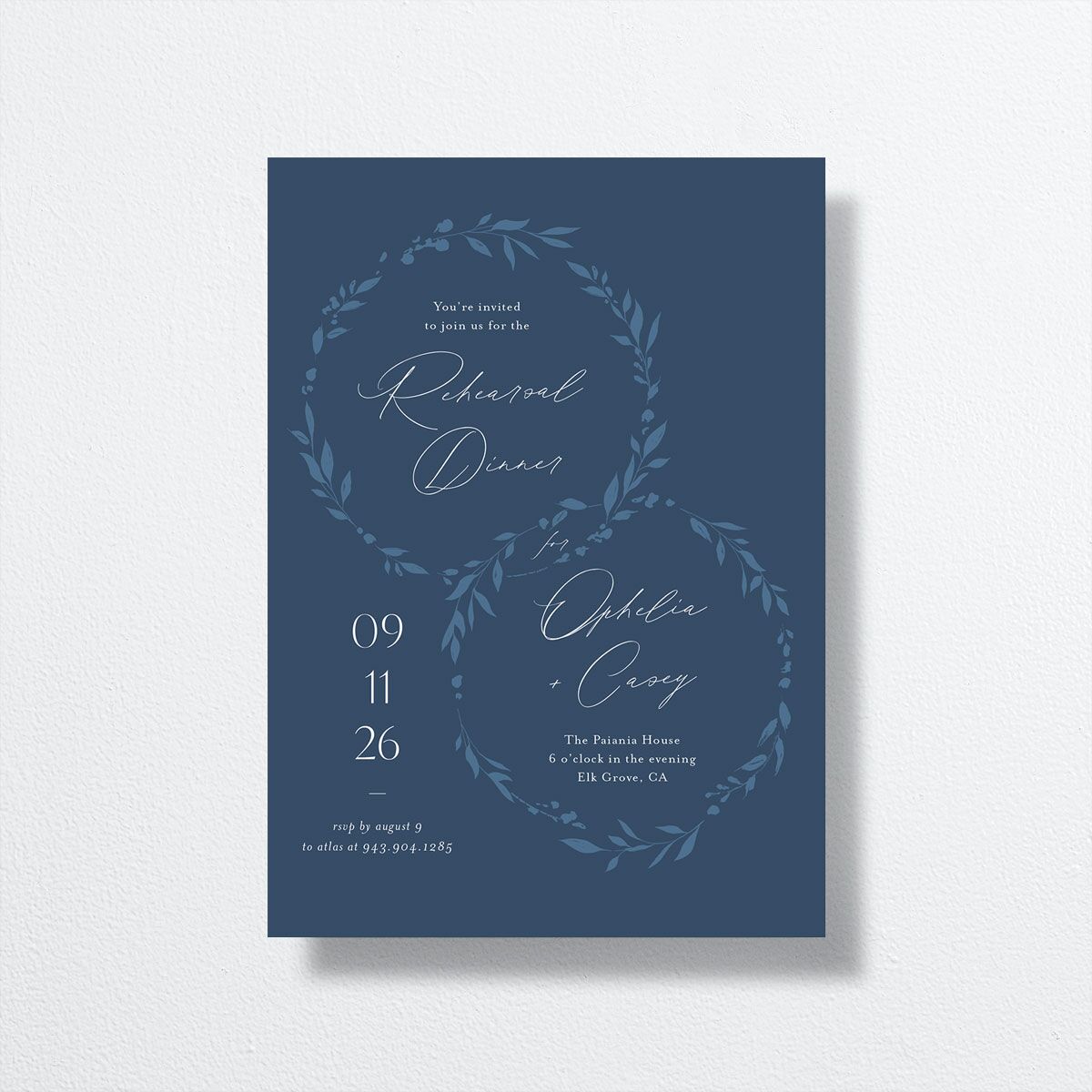 Stefana Crowns Rehearsal Dinner Invitations front in blue