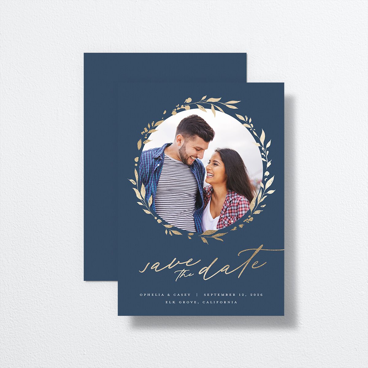 Stefana Crowns Save the Date Cards front-and-back in blue