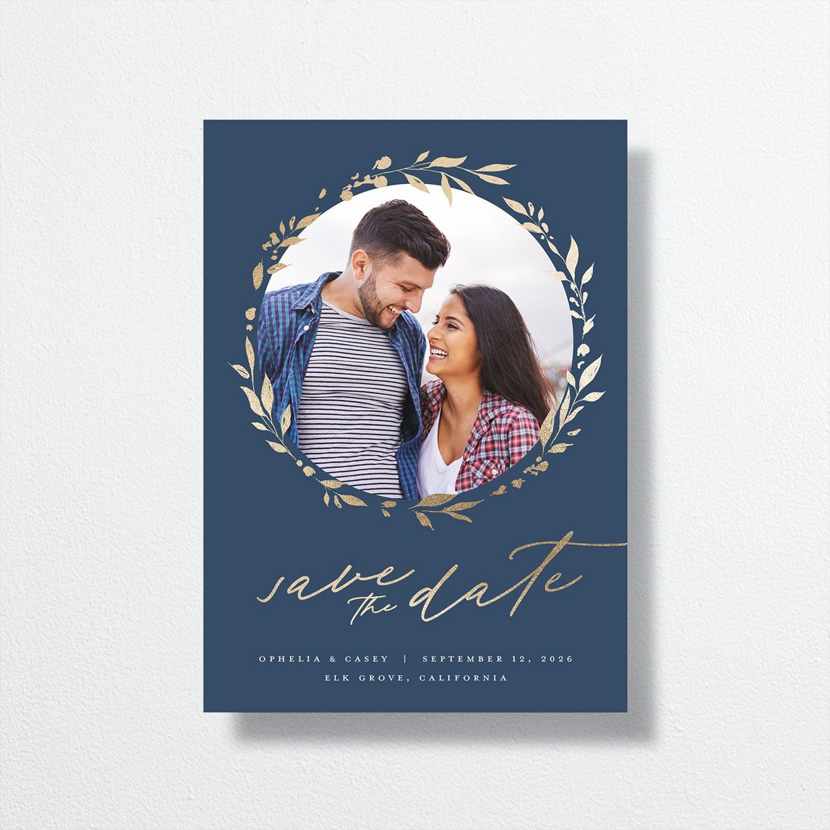 Stefana Crowns Save the Date Cards front in blue