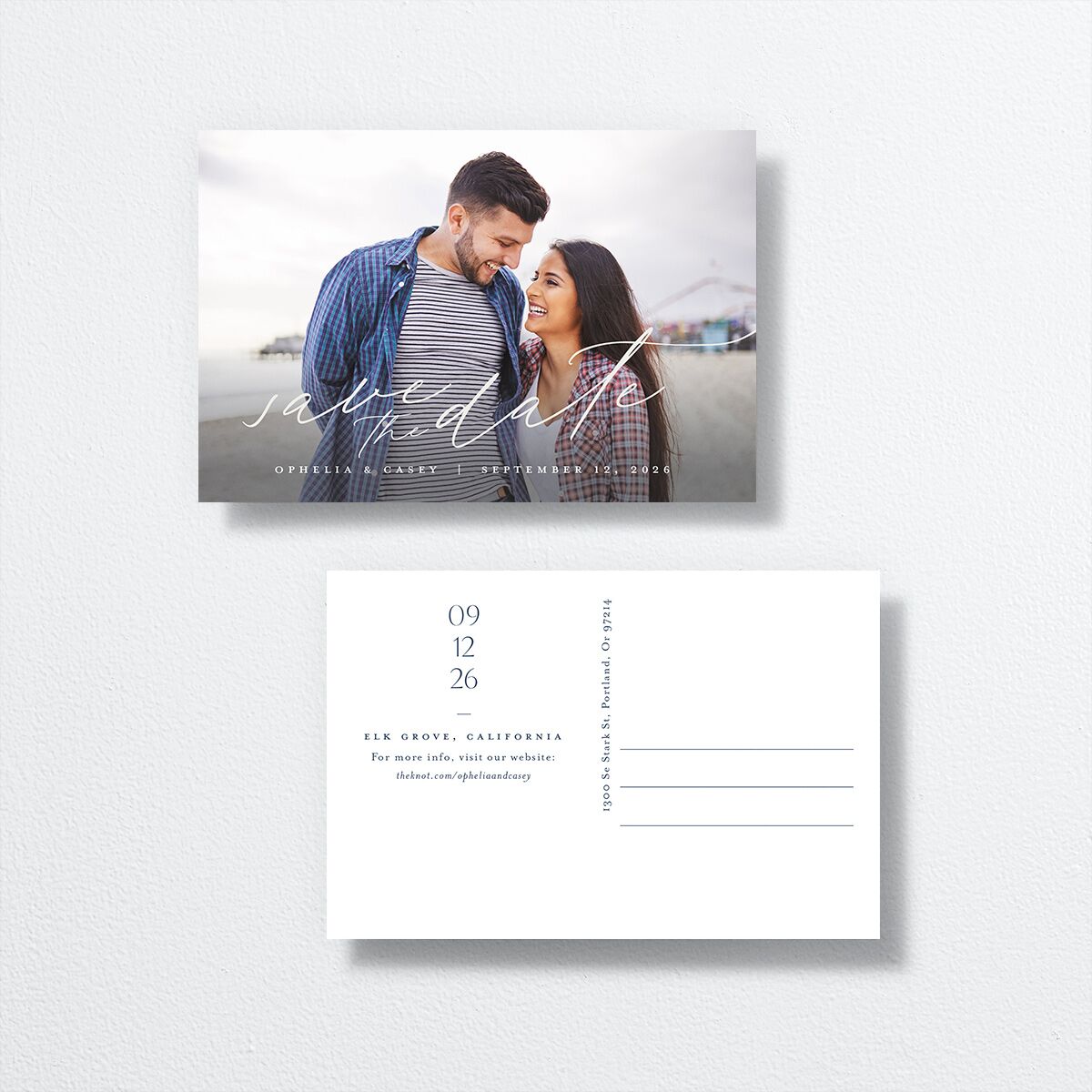 Stefana Crowns Save the Date Postcards front-and-back in blue