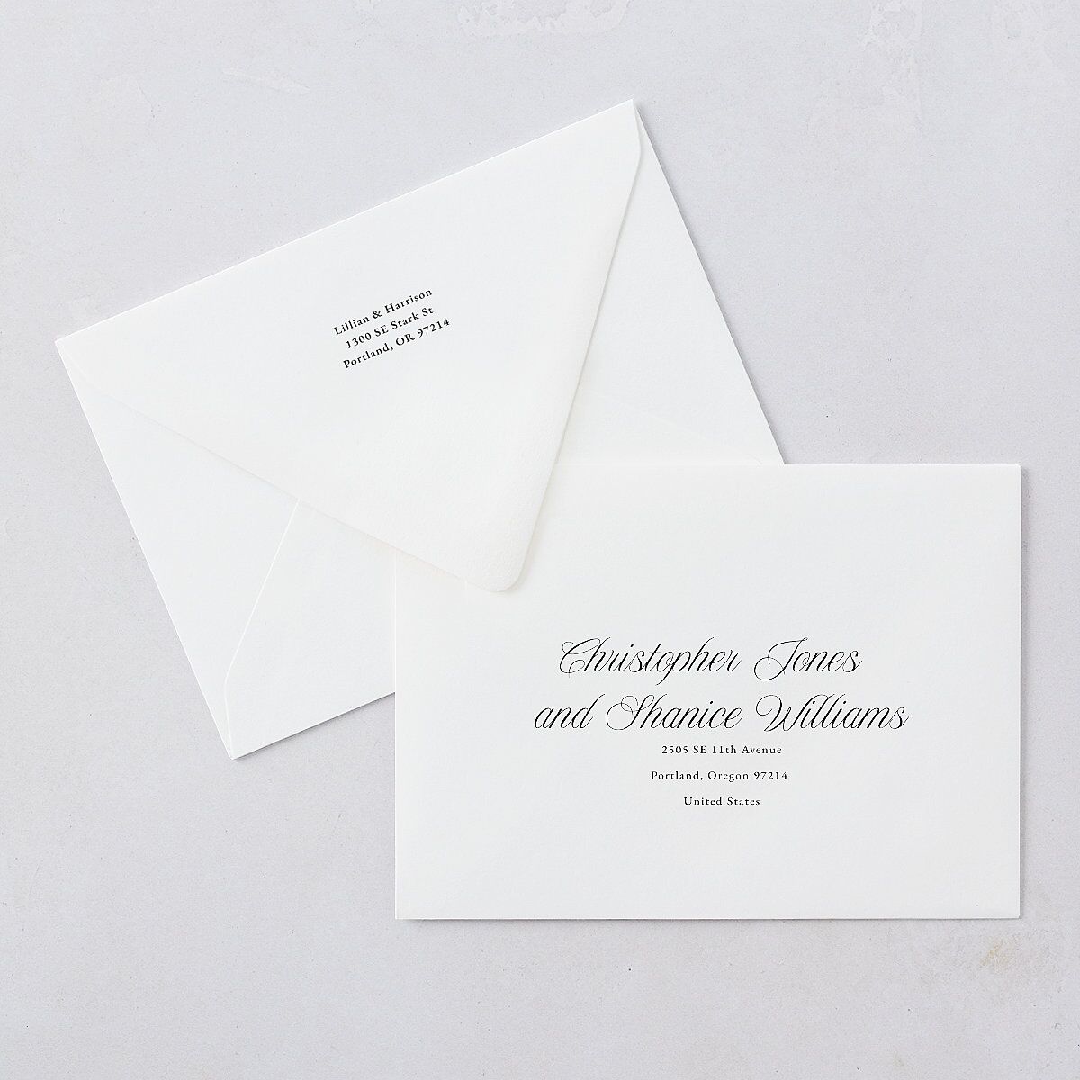 Elegant Oval Monogram Save The Date Card Euro Envelopes White Luxe Sand Both Recipient and Return Addresses Signature