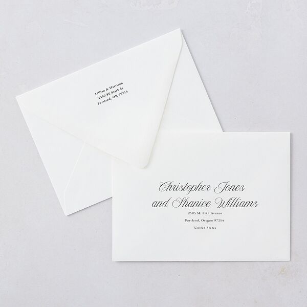 Elegant Oval Monogram Save The Date Card Euro Envelopes White Luxe Sand Both Recipient and Return Addresses Signature