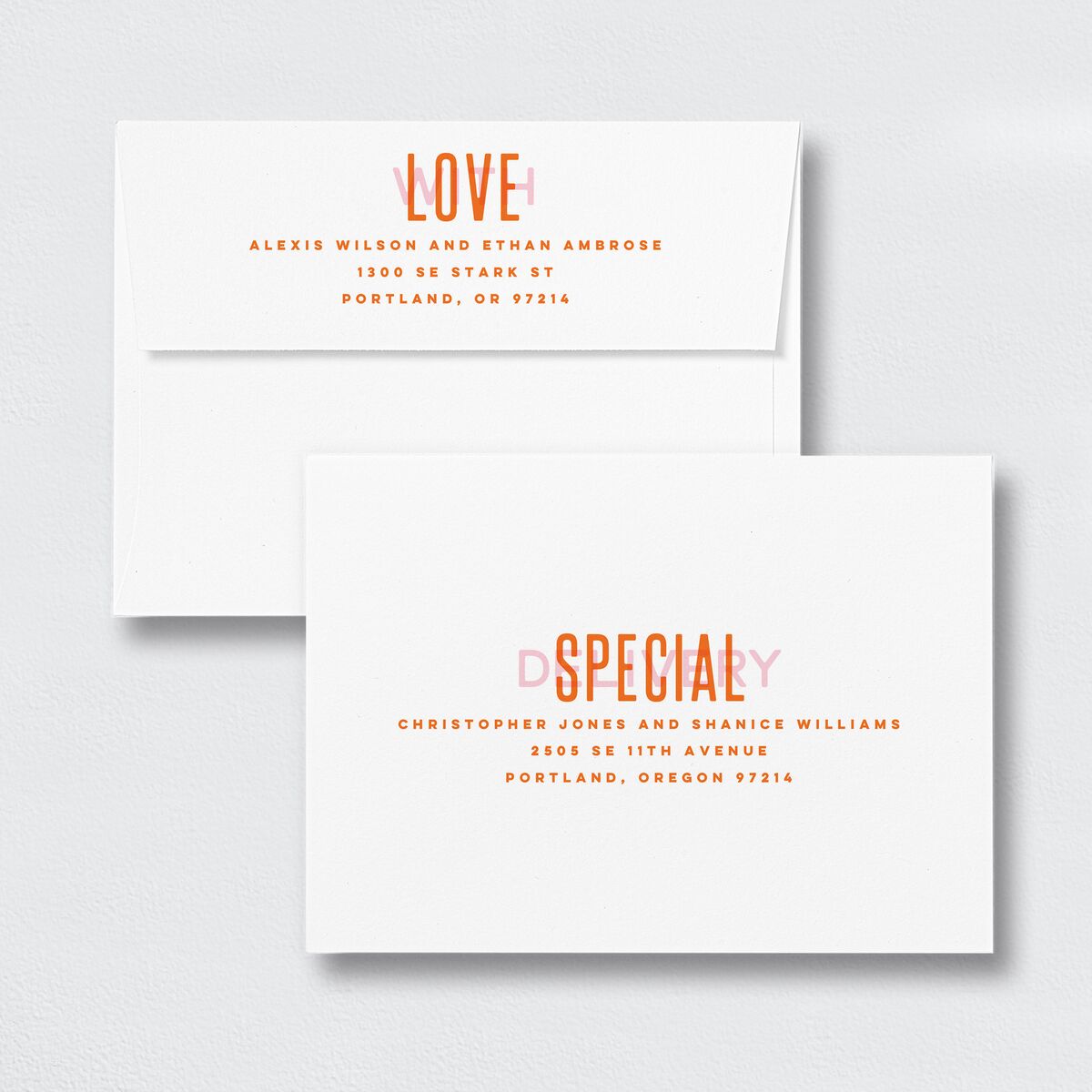 Screen Print Rehearsal Dinner Invitation Envelopes White Standard Tangerine Both Recipient and Return Addresses Signature
