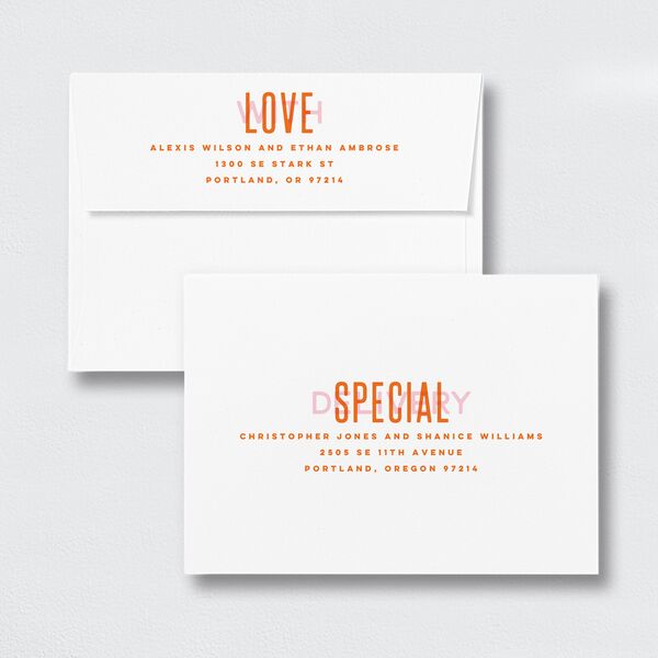 Screen Print Rehearsal Dinner Invitation Envelopes White Standard Tangerine Both Recipient and Return Addresses Signature