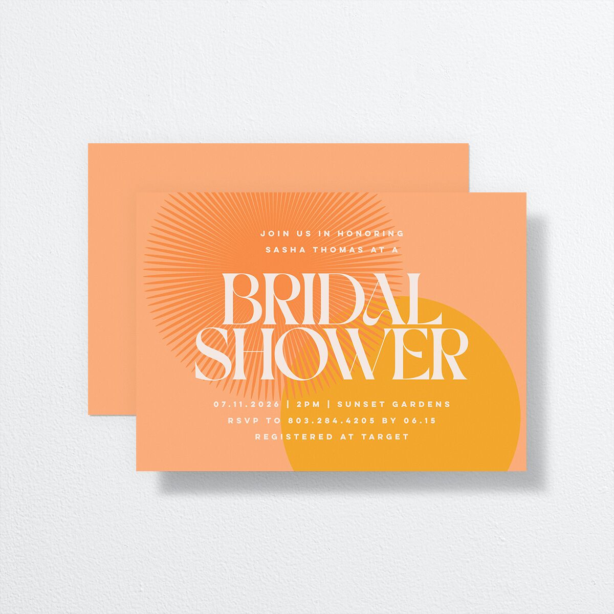 Retro Sunburst Bridal Shower Invitations front-and-back in orange