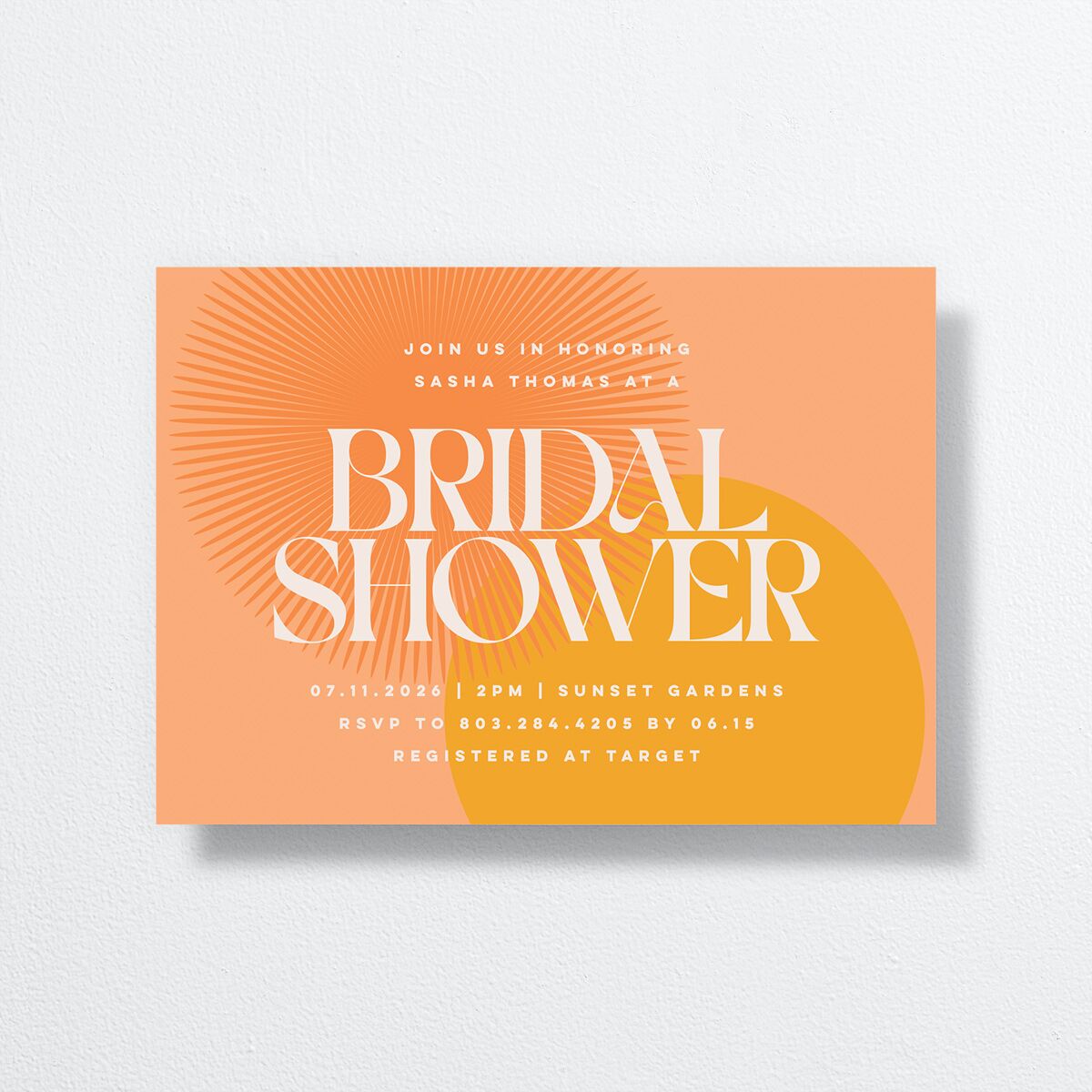 Retro Sunburst Bridal Shower Invitations front in orange