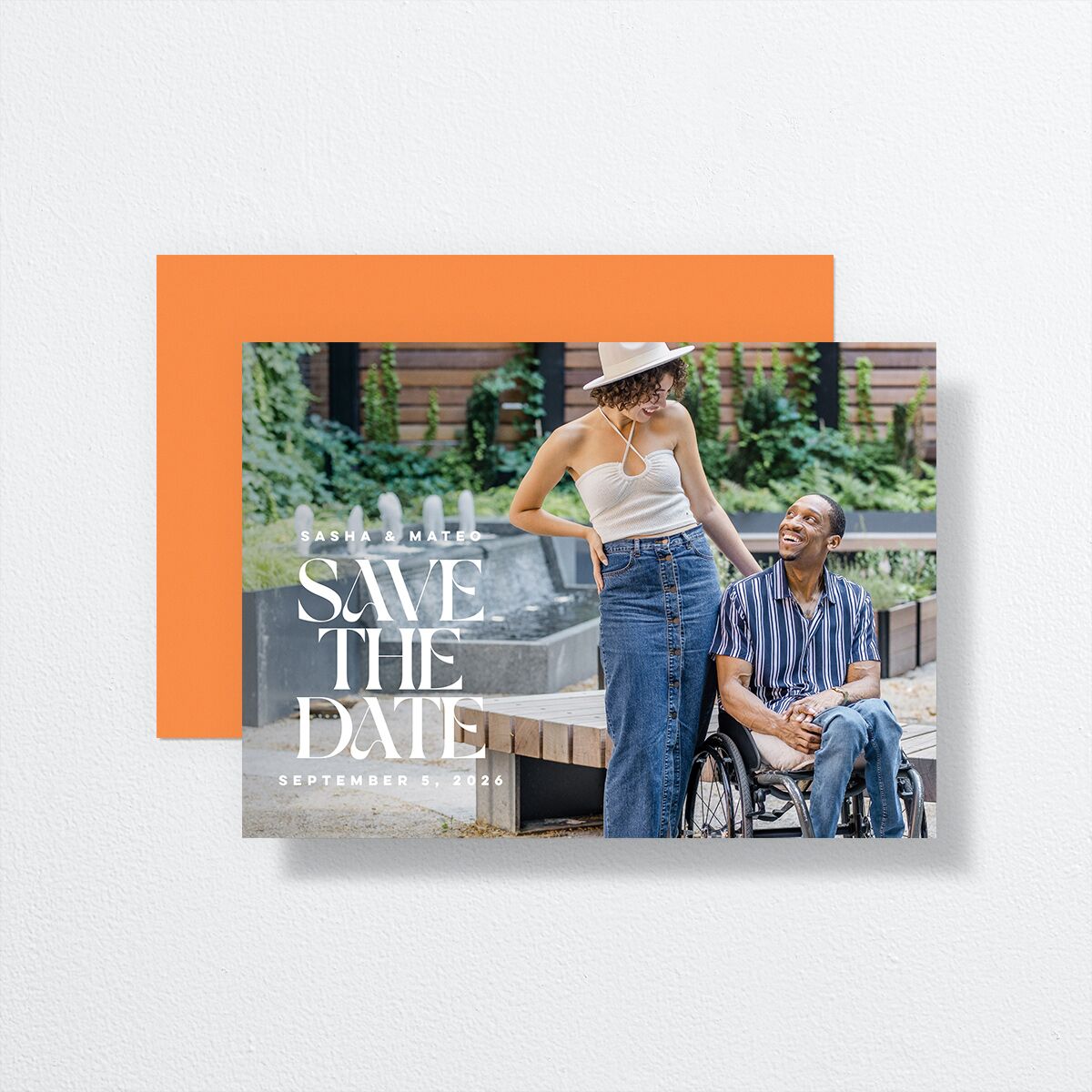 Retro Sunburst Save the Date Cards front-and-back in orange