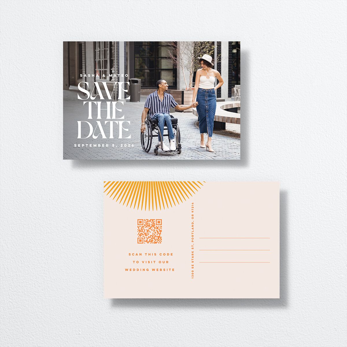 Retro Sunburst Save the Date Postcards front-and-back
