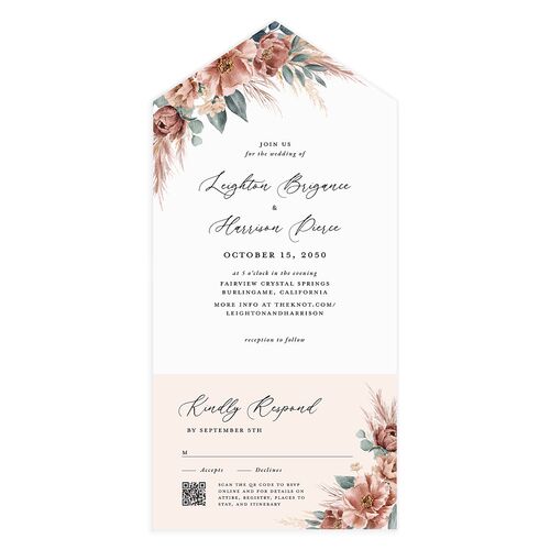 Pampas and Eucalyptus Floral All-in-One Wedding Invitations Desert Rose Signature Light Both Recipient and Return Addresses No