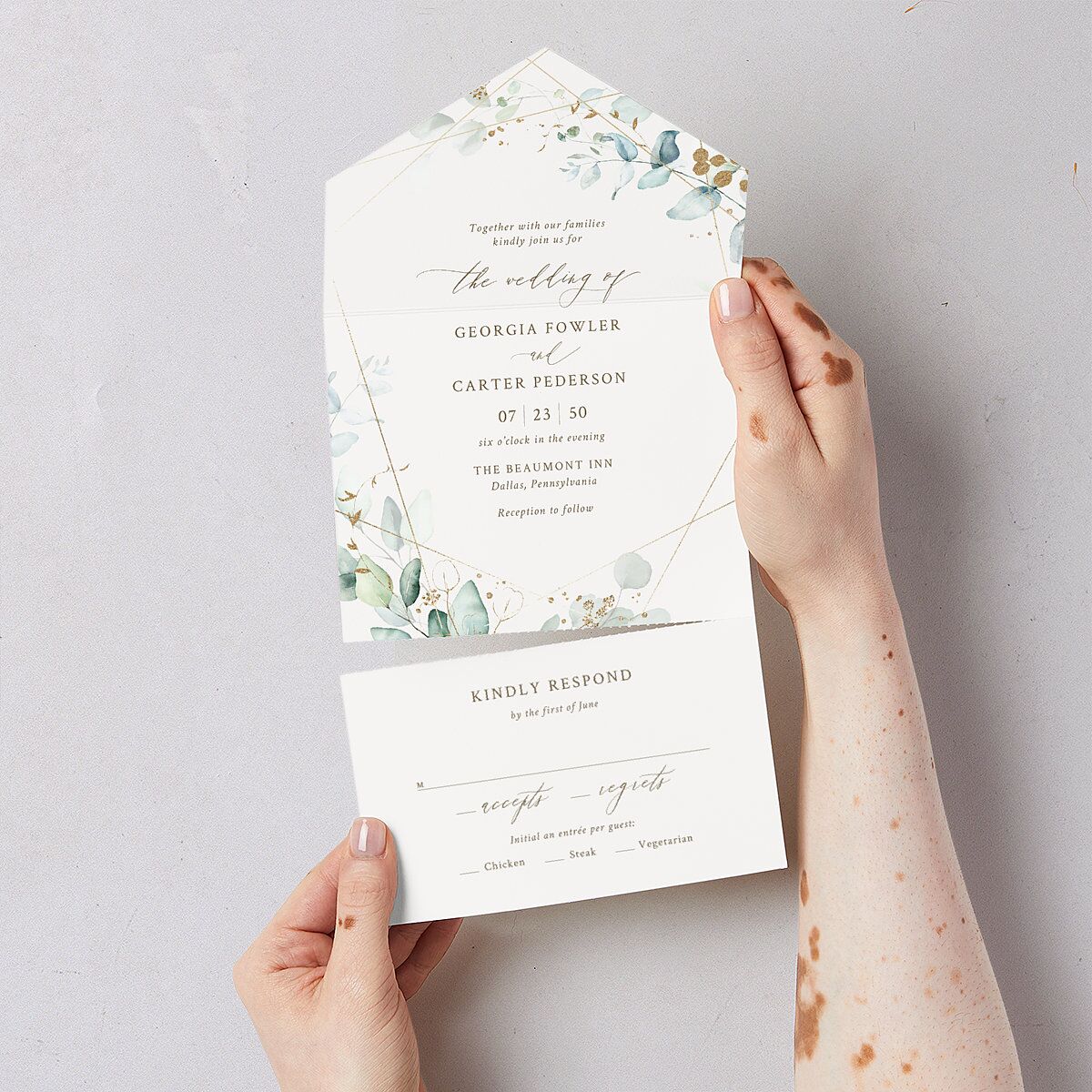 Ethereal Greenery and Gold All-in-One Wedding Invitations Pure White Signature Light Both Recipient and Return Addresses No