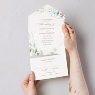 Ethereal Greenery and Gold All-in-One Wedding Invitations Pure White Signature Light Both Recipient and Return Addresses No