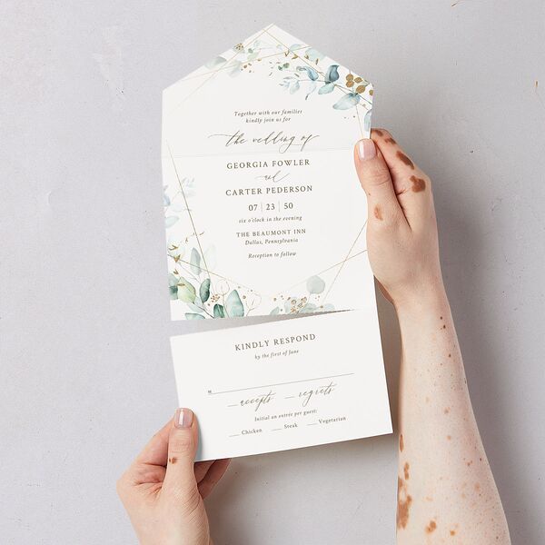 Ethereal Greenery and Gold All-in-One Wedding Invitations Pure White Signature Light Both Recipient and Return Addresses No