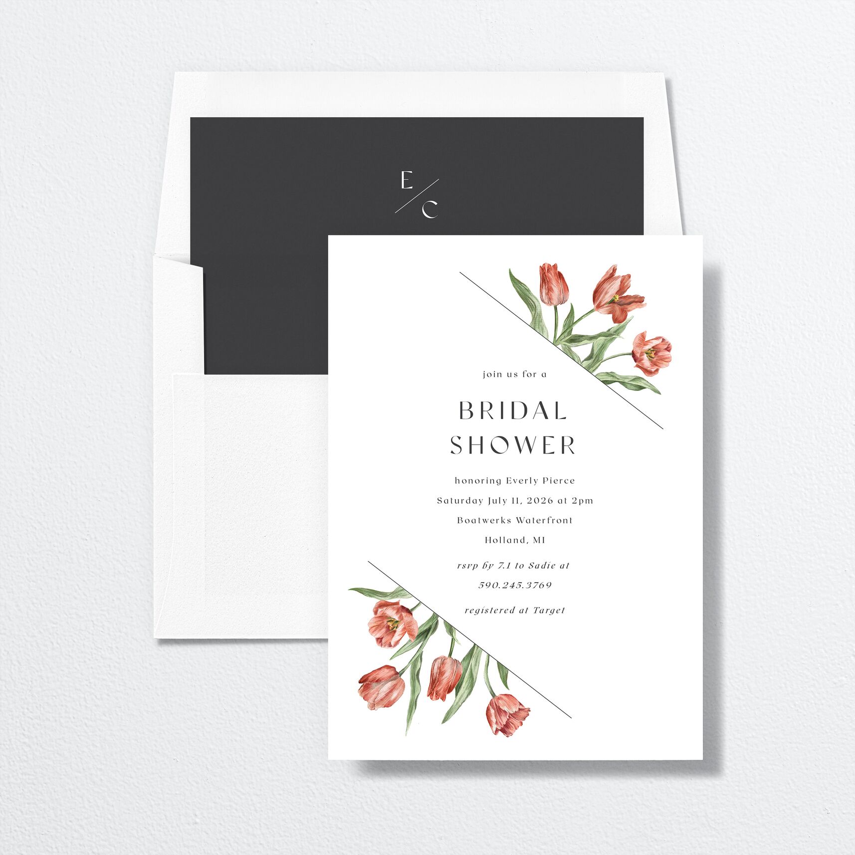 Tulip Corners Bridal Shower Invitations envelope-and-liner in orange