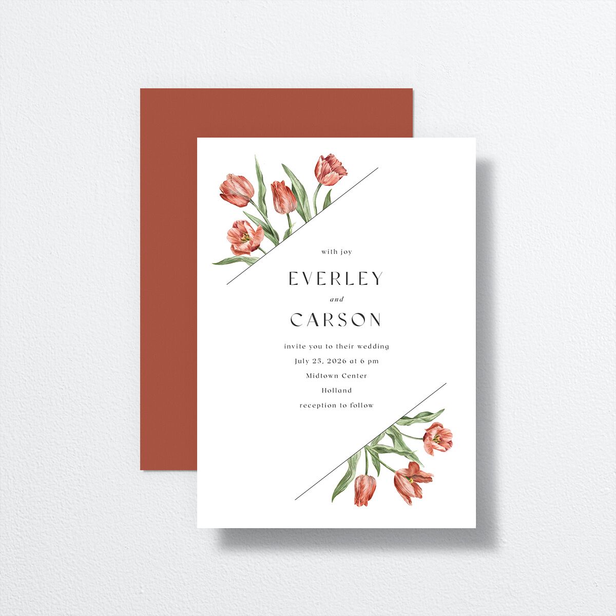 Tulip Corners Wedding Invitations front-and-back in orange