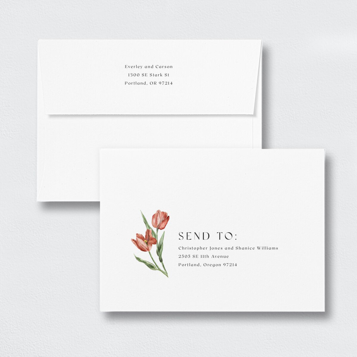 Tulip Corners Wedding Invitation Envelopes White Standard Copper Both Recipient and Return Addresses Signature