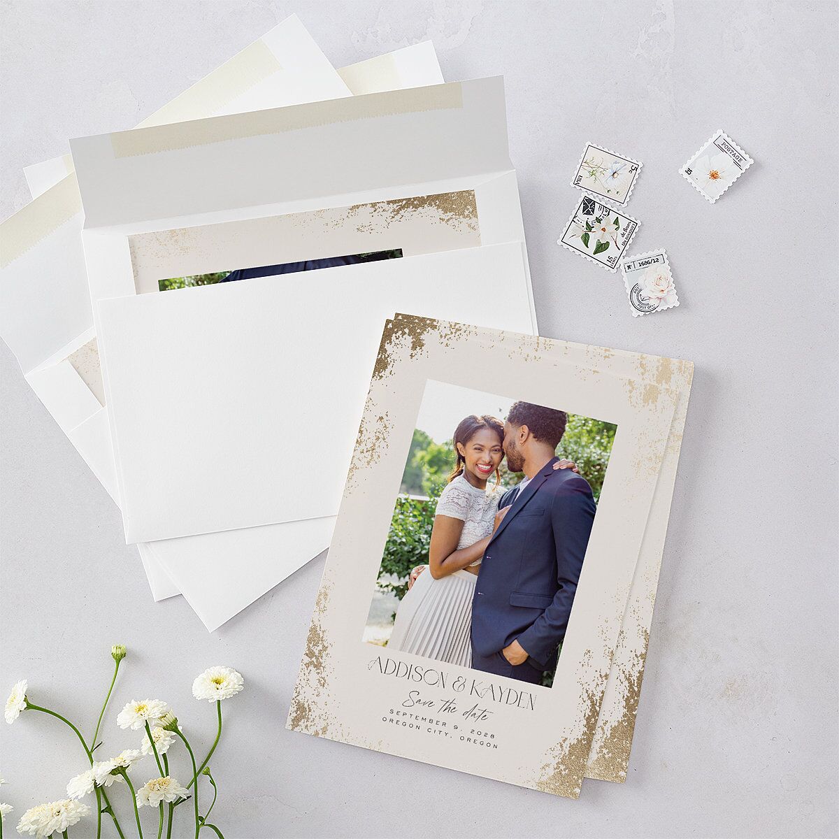 Metallic Edge Save the Date Cards Gold Champagne Signature smooth Blank No