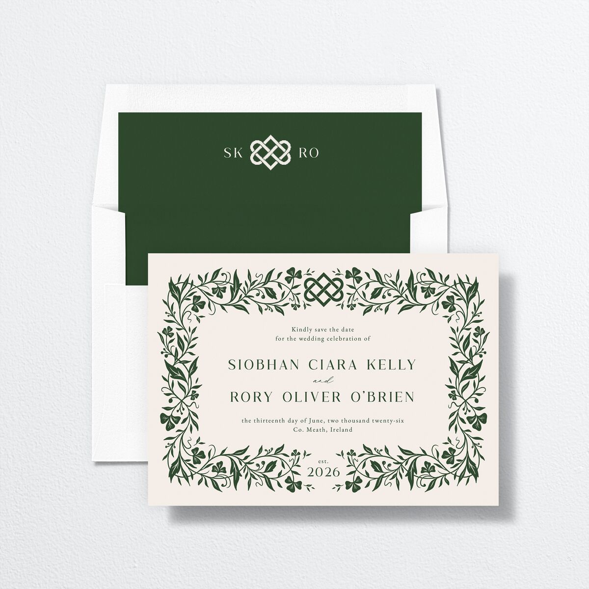 Celtic Knot Save the Date Cards envelope-and-liner in Green