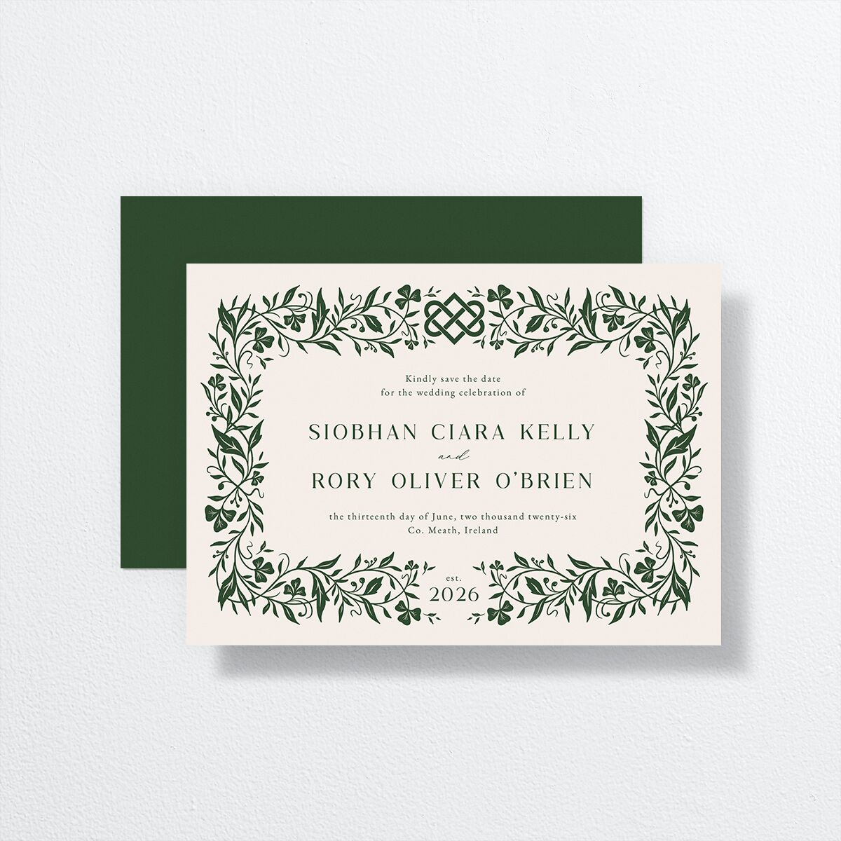Celtic Knot Save the Date Cards front-and-back in Green