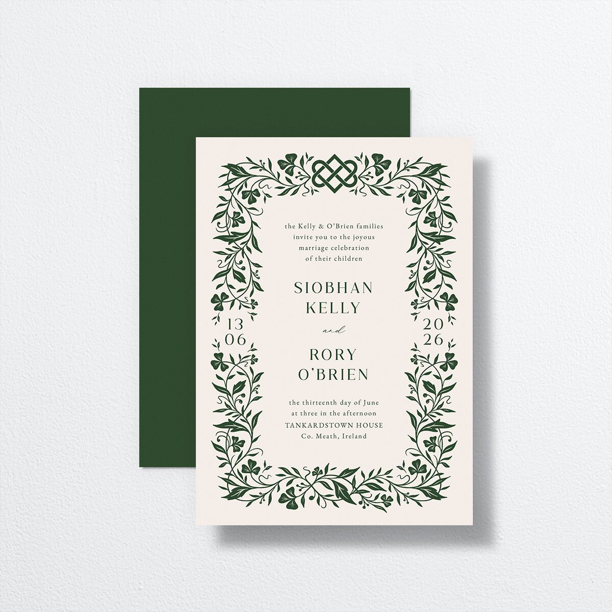 Celtic Knot Wedding Invitations front-and-back in green