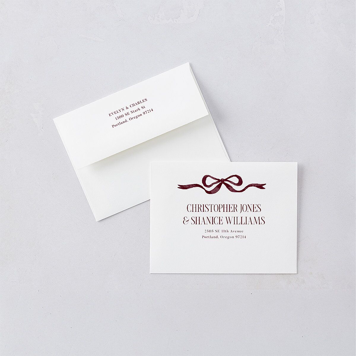 Whimsical Hand Drawn Bow Save the Date Magnet Envelopes White Burgundy Both Recipient and Return Addresses Signature Standard