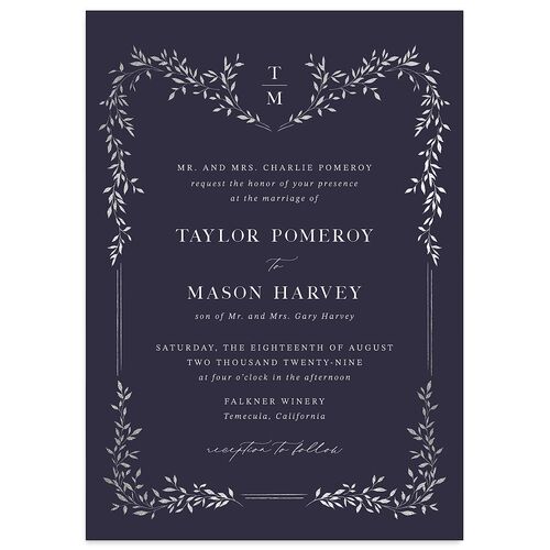 Monogram Garland Foil Wedding Invitations Moody Blue Silver Signature Blank Standard No