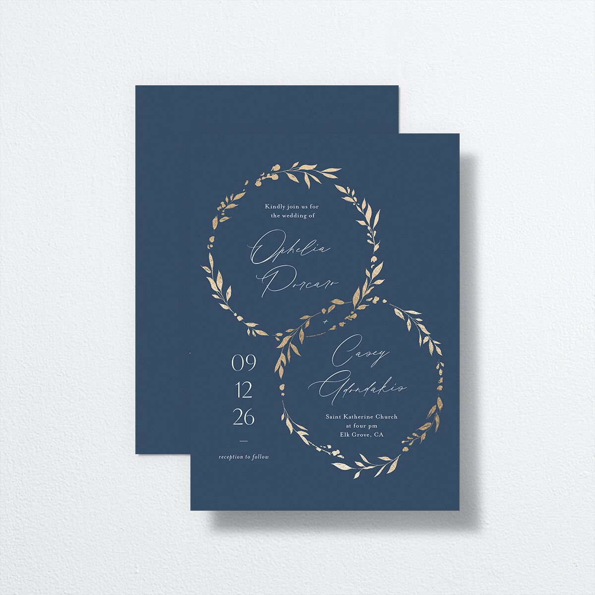 Stefana Crowns Wedding Invitations front-and-back in blue