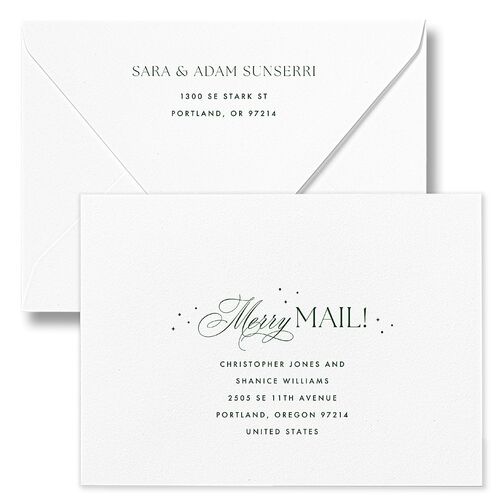 Married and Bright Wedding Gallery Holiday Card Euro Envelopes White Hunter Green Both Recipient and Return Addresses Luxe Signature