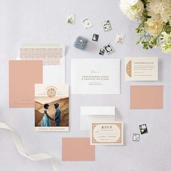 Intricate Vintage Save The Date Cards Peach Pink Signature smooth Blank No