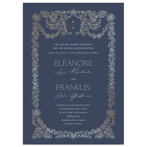 Baroque Border Wedding Invitations Gold Moody Blue Signature Blank No Standard