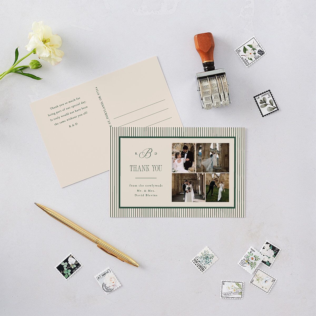 Classic Monogram First Christmas Thank You Postcards Dark Emerald