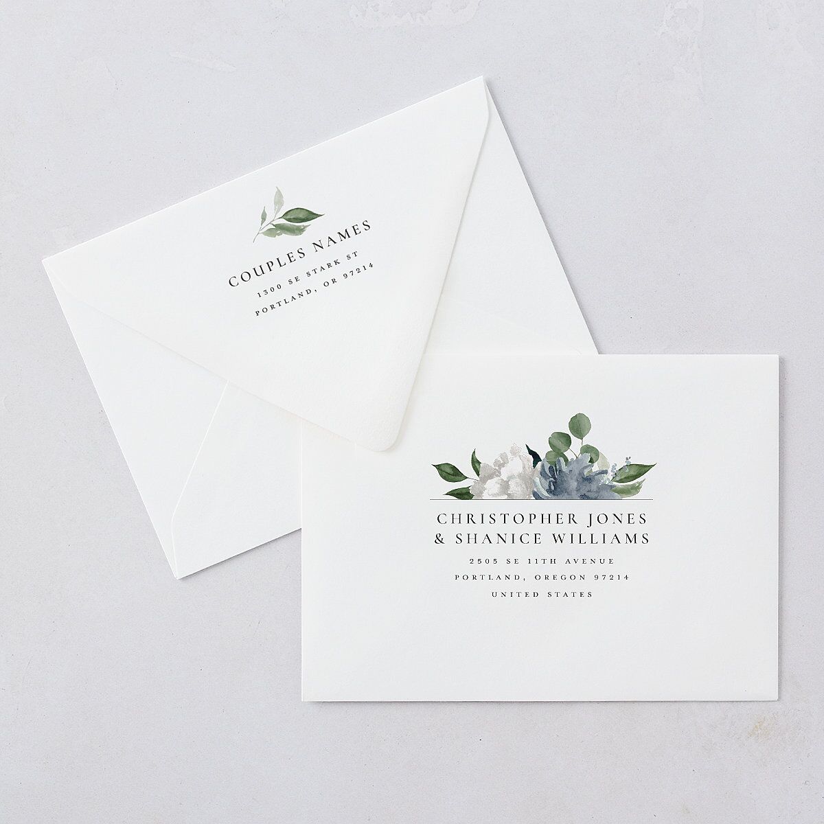 Timeless Bouquet Wedding Invitation Euro Envelopes White Luxe Dusty Blue Both Recipient and Return Addresses Signature